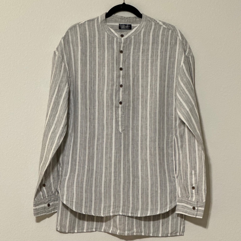 Zara Men's‎ Black White Striped Band/Mandarin Collar Linen Shirt Kurta Boho Sz M